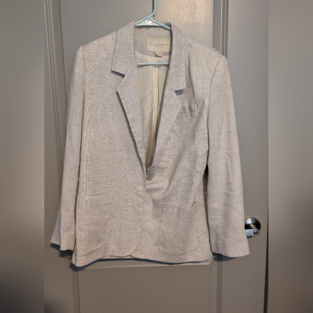 Vintage Women's Beige Linen Blazer - Size 10